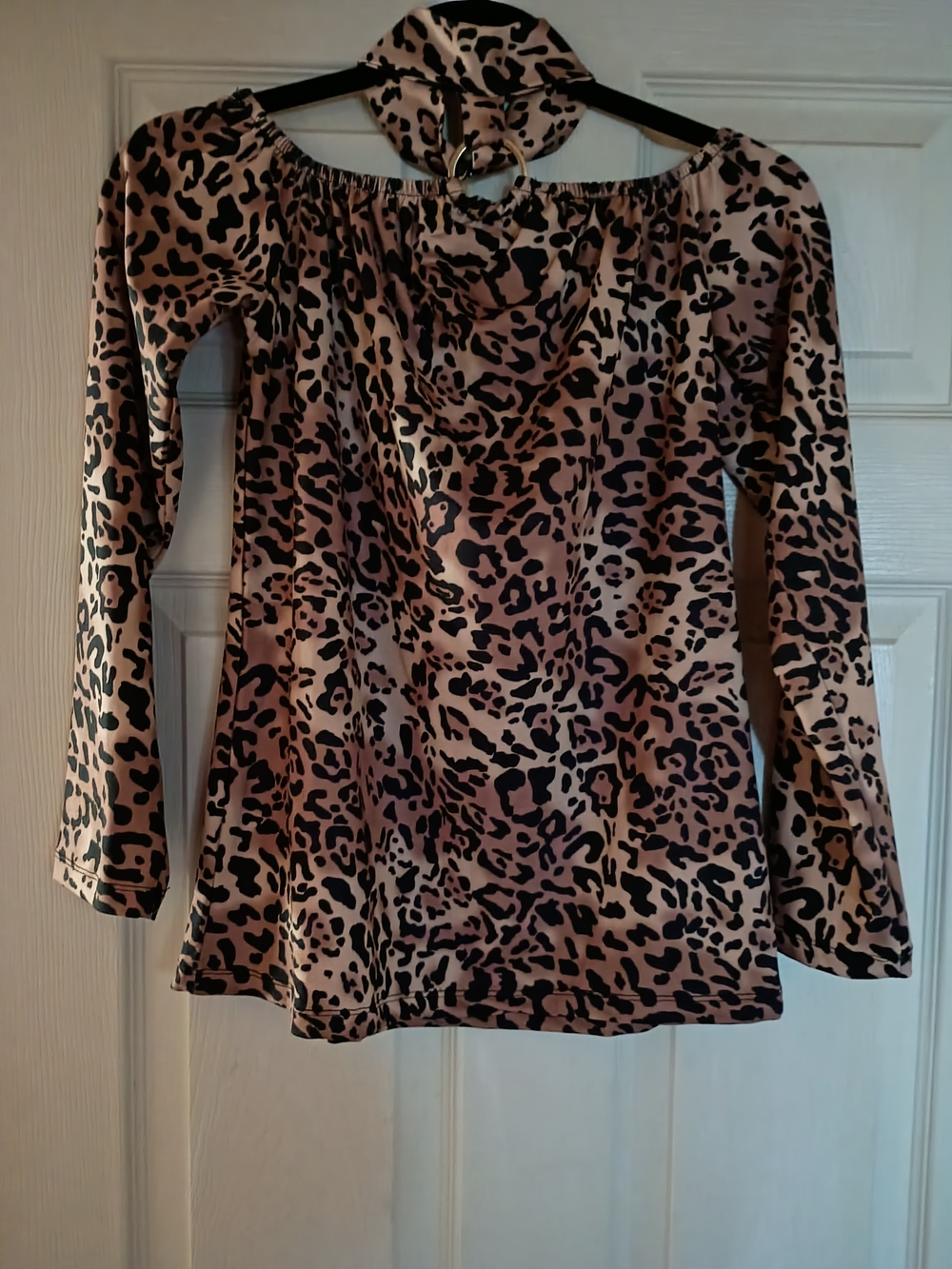Off-Shoulder Leopard Print Tunic Top - Beige/Black